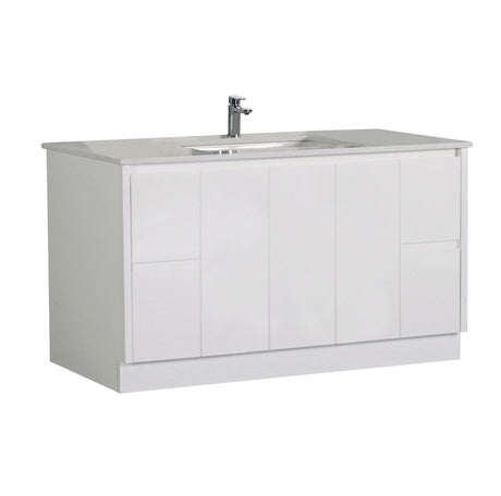 White bathroom vanity with sink and faucet on a white background