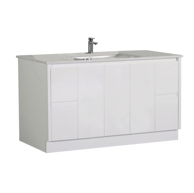 White bathroom vanity with sink and faucet on a white background