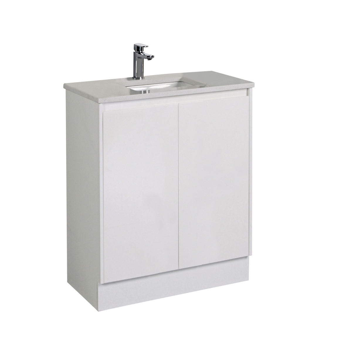 Bathroom vanity with sink and faucet on a white background