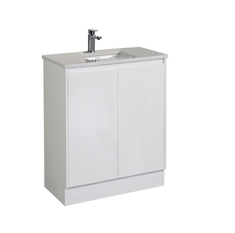 Bathroom vanity with sink and faucet on a white background