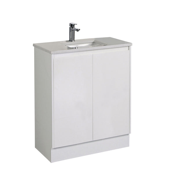 Bathroom vanity with sink and faucet on a white background