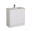 White bathroom vanity with sink on a white background