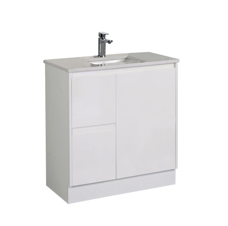 White bathroom vanity with sink on a white background