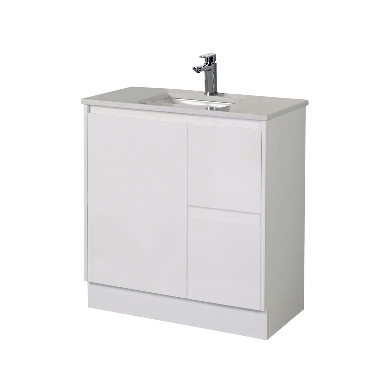 White bathroom vanity with sink on a white background