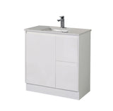 White bathroom vanity with sink on a white background
