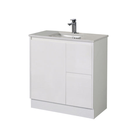 White bathroom vanity with sink on a white background