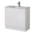 White bathroom vanity with sink and faucet on a white background