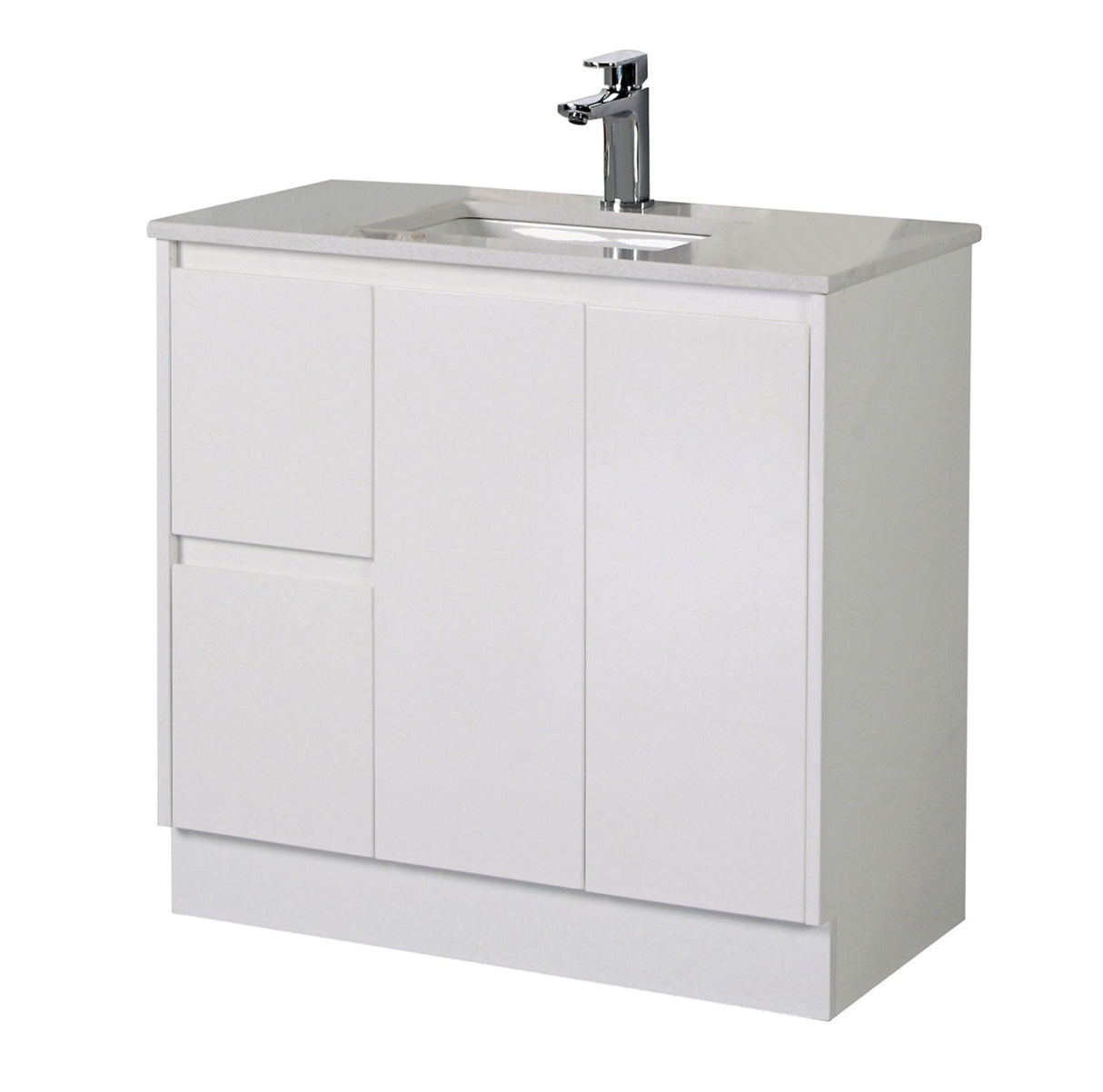 White bathroom vanity with sink and faucet on a white background