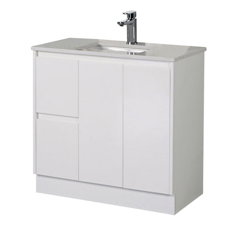 White bathroom vanity with sink and faucet on a white background