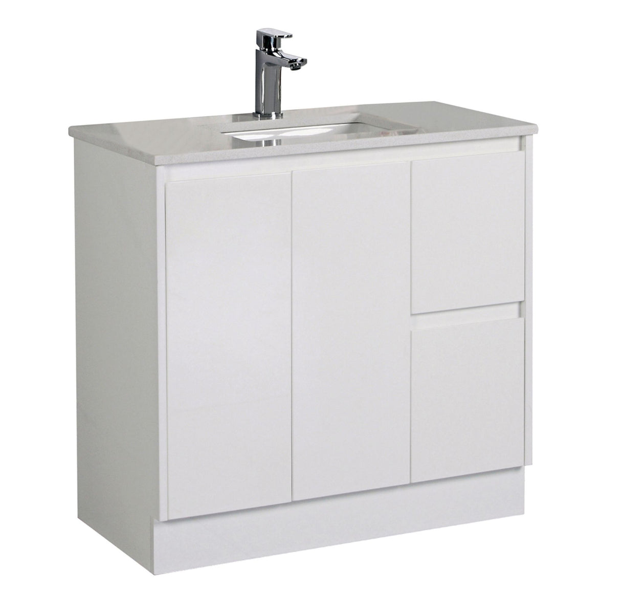 White bathroom vanity with sink and faucet on a white background
