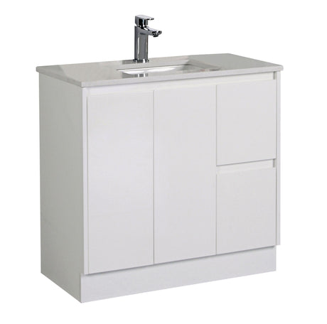 White bathroom vanity with sink and faucet on a white background