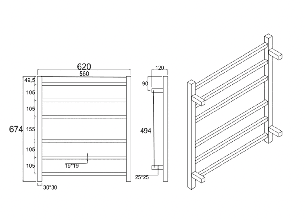 Square brushed brass heated towel rack 6 bars drawing