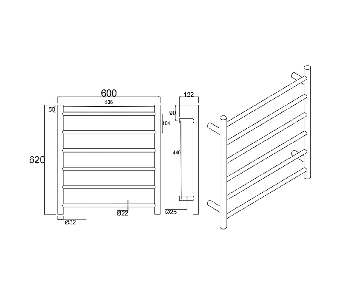 Round brushed nickel heated towel rack 6 bars drawing