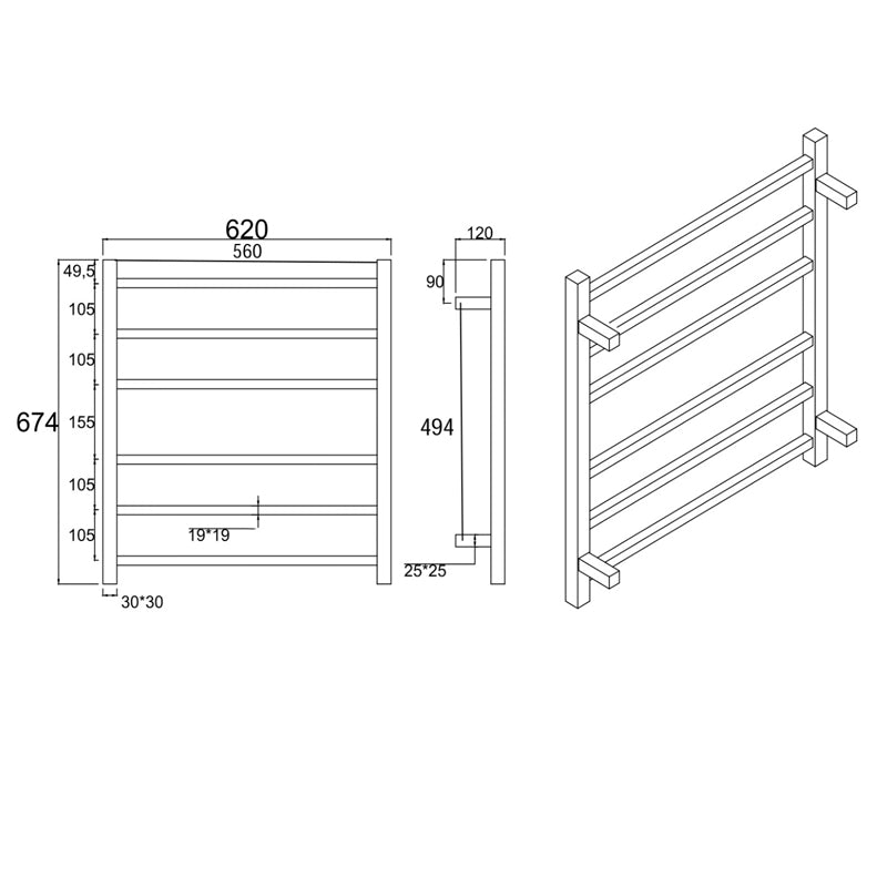 square chrome heated towel rack 6 bars drawing