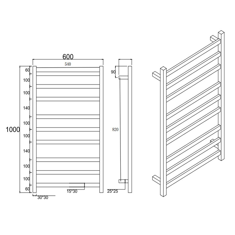 Square chrome heated towel rack 9 bars drawing