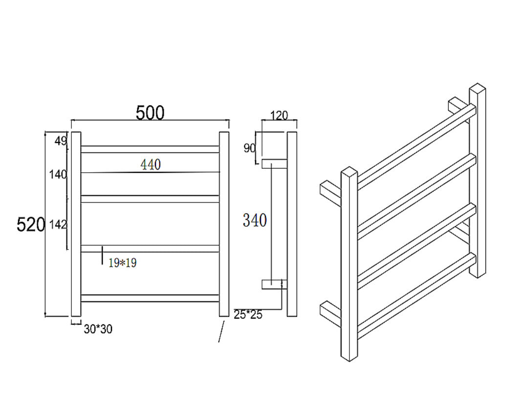 Square brushed brass heated towel rack 4 bars drawing