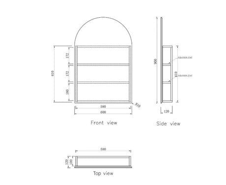 front, side, and top view Arch Shaving Cabinet drawing