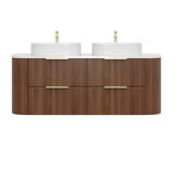 Wooden bathroom vanity with two white sinks and gold fixtures on a white background