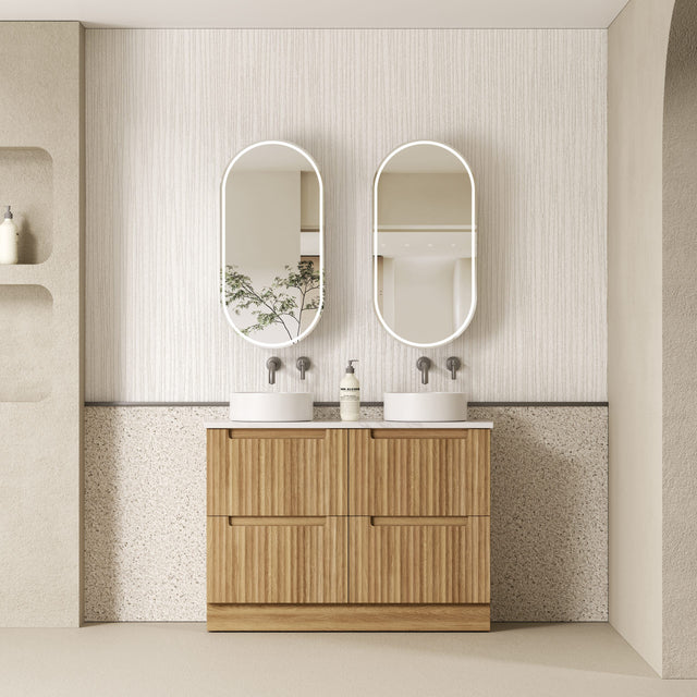 Bathroom with installed Lovina 1200mm Harvest Oak Floor Standing Vanity and mirror