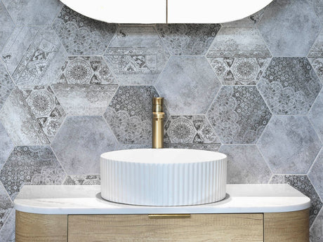 bathroom with installed Marlo Round 400x400x125 Fluted Basin