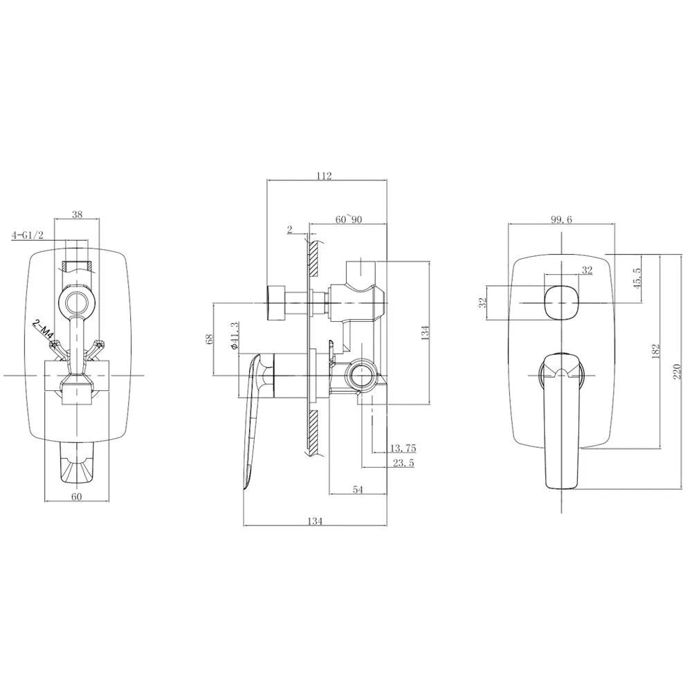 Bellino Matte Black Wall Mixer with Diverter drawing