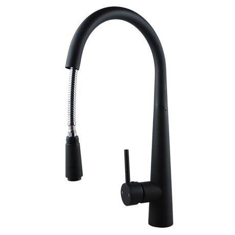 Black kitchen faucet with flexible hose on a white background