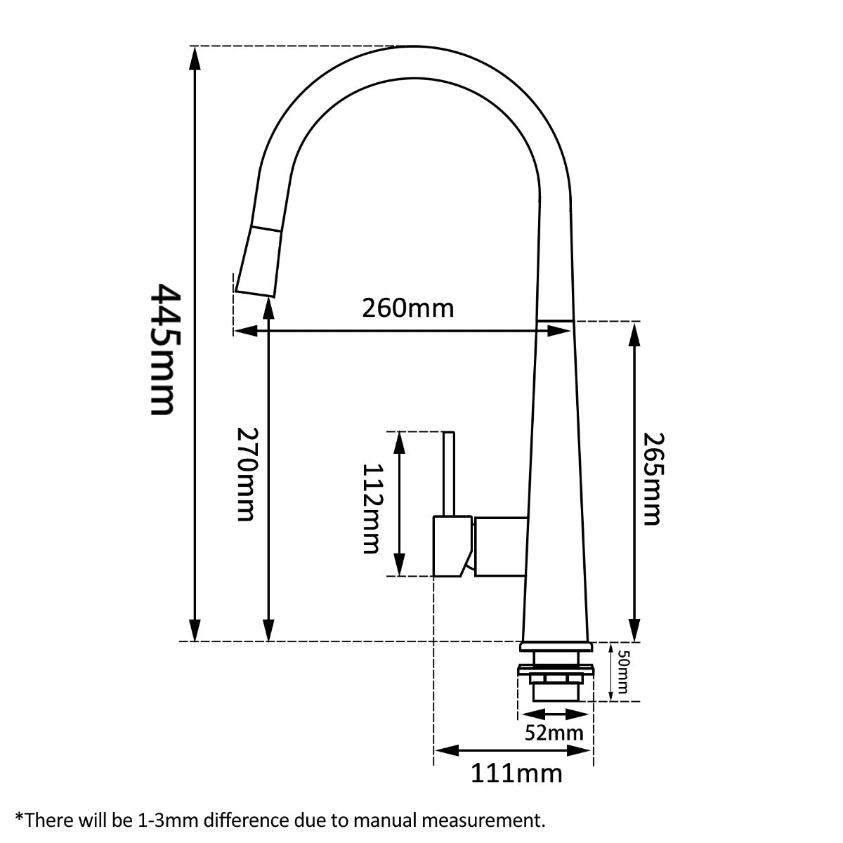 Technical drawing of a kitchen faucet with dimensions labeled