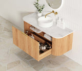 Top view  of open Bondi 1200mm Woodland Oak Fluted Curve Vanity 