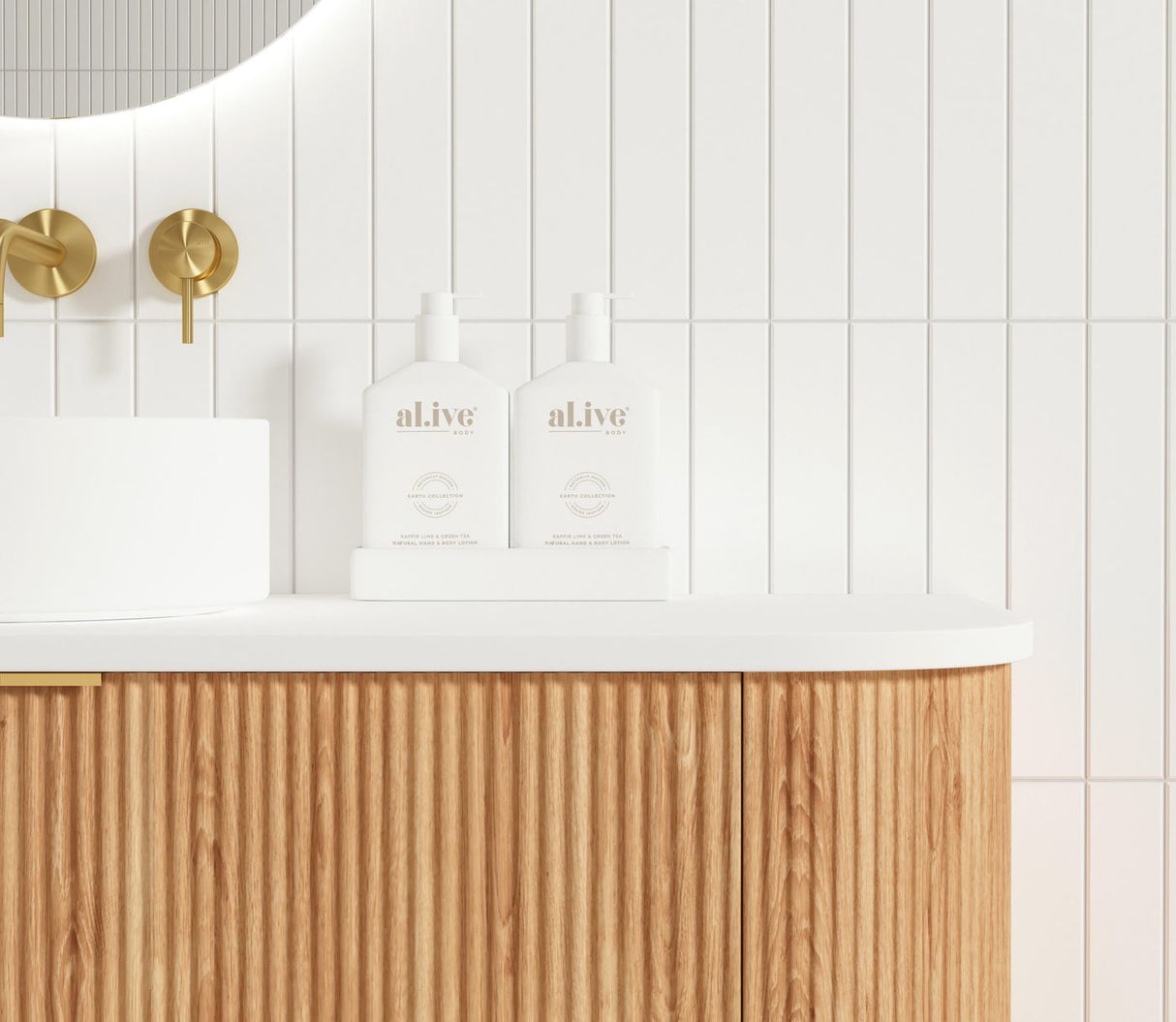 liquid hand soap over the top of Bondi 1500mm Woodland Oak Fluted Curve Vanity