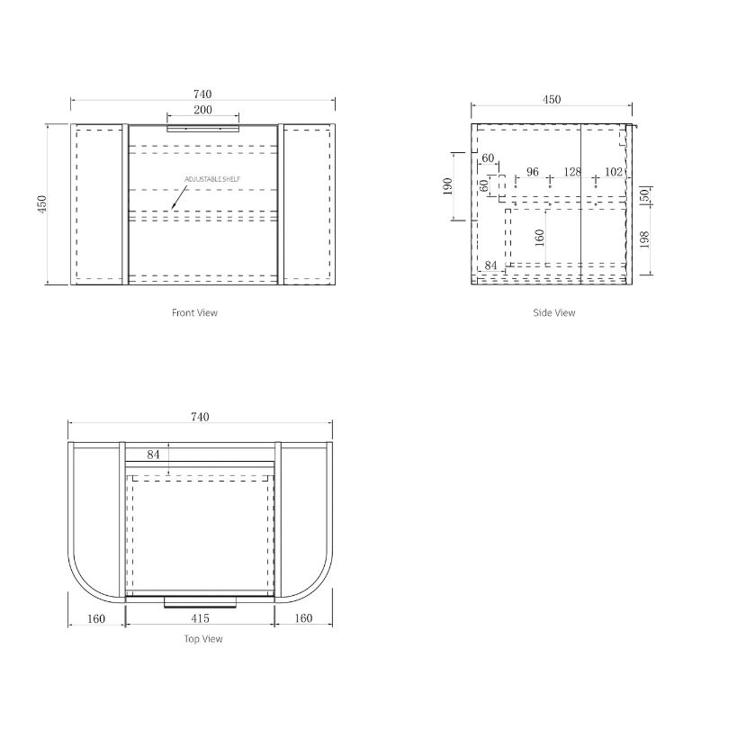 Bondi Wall Hung Fluted Vanity Curve 750mm - Woodland Oak drawing