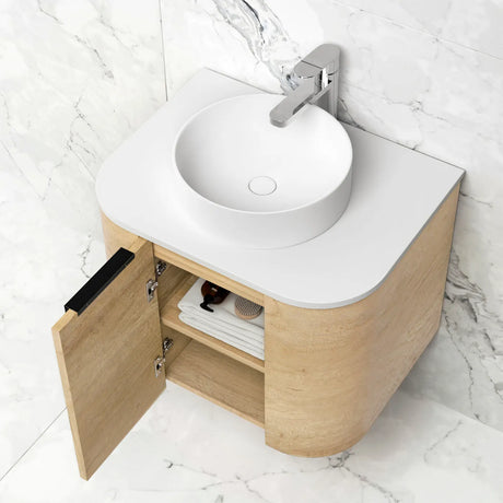 Top view of open Bondi Wall Hung Vanity Curve 600mm – Natural Oak
