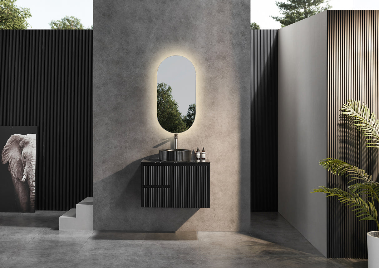 Bathroom with installed Matte Black Brindabella Wall Hung Left Hand Drawer Vanity 750mm