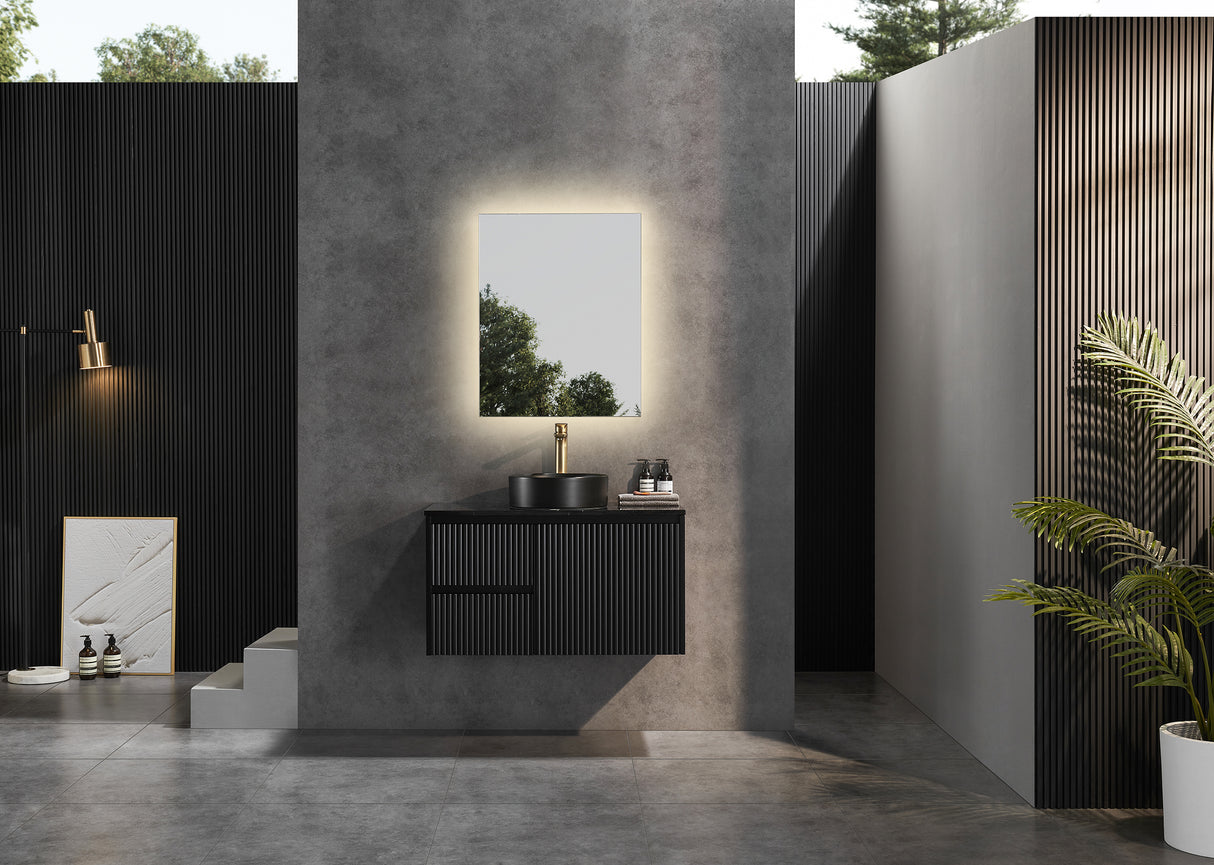 Bathroom with Matte Black Brindabella Wall Hung Left Hand Drawer Vanity 900mm