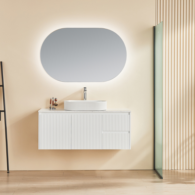 Bathroom with installed Matte White Brindabella Wall Hung Right Hand Vanity 1200mm
