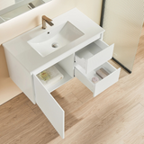 Top view of open Bathroom with Matte White Brindabella Wall Hung Right Hand Drawer Vanity 900mm