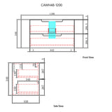 Technical drawing of a product with dimensions labeled, showing front and side views.