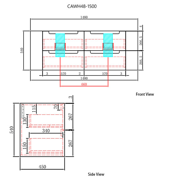Technical drawing of a product with dimensions labeled, showing front and side views.