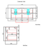 Technical drawing of a product with dimensions labeled, showing front and side views.