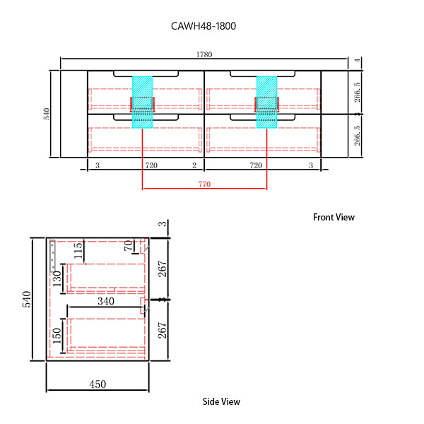 Technical drawing of a kitchen cabinet with dimensions labeled