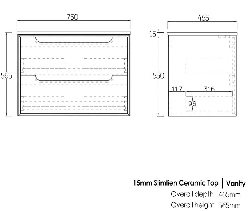 Byron Black Oak Wall Hung Vanity 750mm - Black Oak drawing