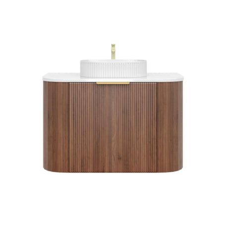 Bathroom vanity with wooden finish and white countertop on a white background