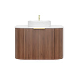 Bathroom vanity with wooden finish and white countertop on a white background