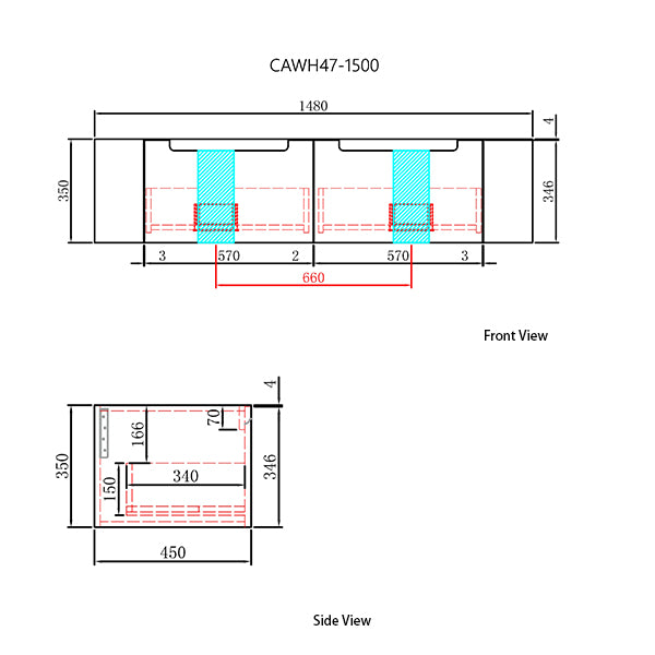 Technical drawing of a product with dimensions labeled, including 'CAWH47-1500' at the top.