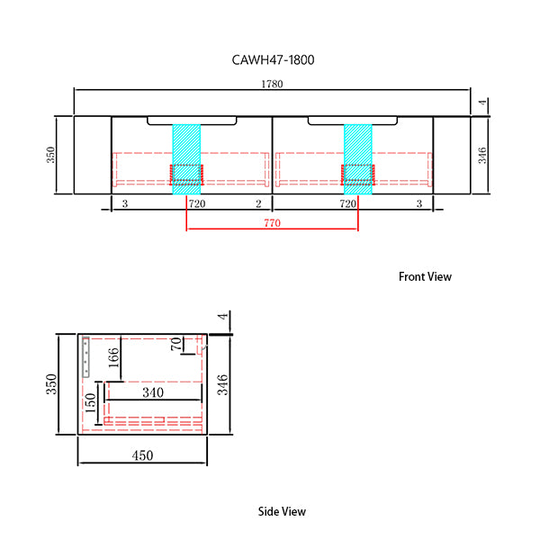 Technical drawing of a product with dimensions labeled