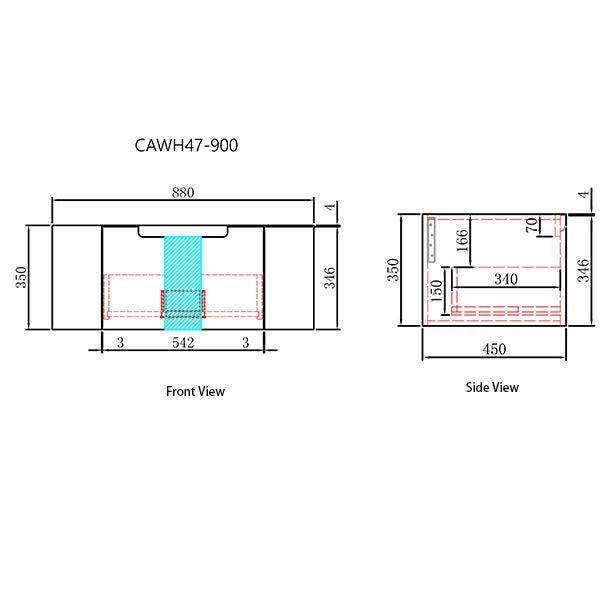 Technical drawings of a product with dimensions labeled, including 'Front View' and 'Side View'.