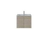 A modern wall-mounted bathroom vanity with a light oak wood grain cabinet, a white integrated sink basin, and a tall chrome faucet, shown against a plain white background.