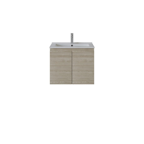 A modern wall-mounted bathroom vanity with a light oak wood grain cabinet, a white integrated sink basin, and a tall chrome faucet, shown against a plain white background.