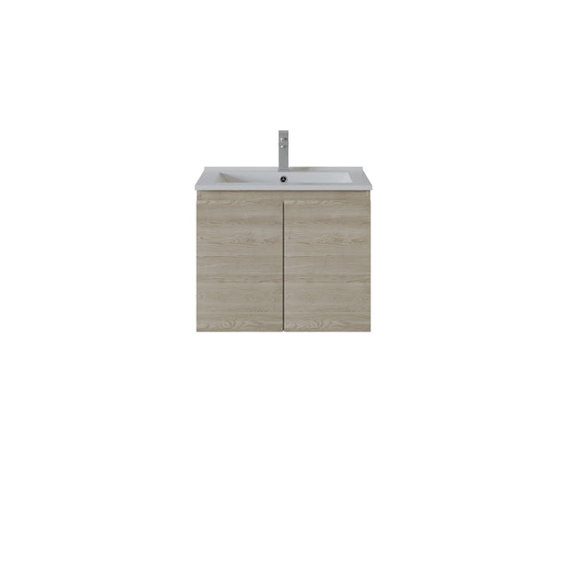 A modern wall-mounted bathroom vanity with a light oak wood grain cabinet, a white integrated sink basin, and a tall chrome faucet, shown against a plain white background.