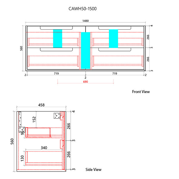 Technical drawing of a kitchen cabinet with dimensions labeled