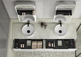 Modern bathroom vanity with two sinks, mirrors, and various toiletries.